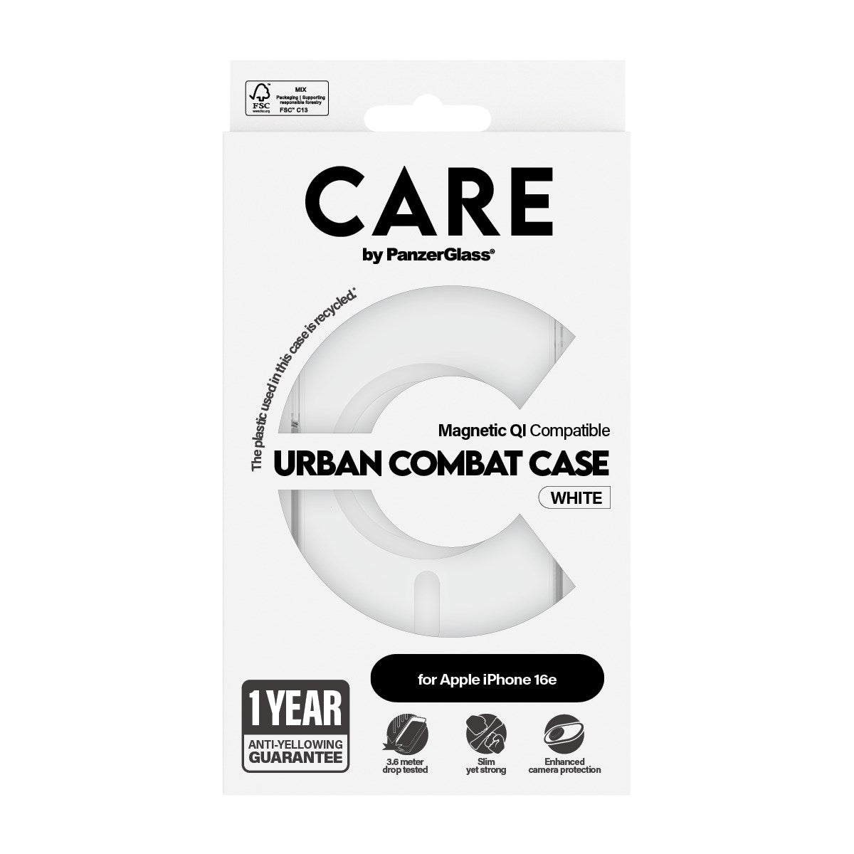 CARE by PanzerGlass® Urban Combat Case Transparent m. Hvid Qi Compatible iPhone 16e